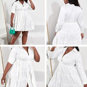 White Tiered Shirt Dress Babydoll Button Down Ruffle Mini XL Boutique 🤍